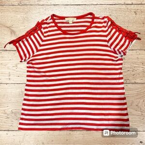 ❌❌❌SOLD❌❌❌Michael Kors Women’s Red & White Striped Short Sleeve Top Size XL